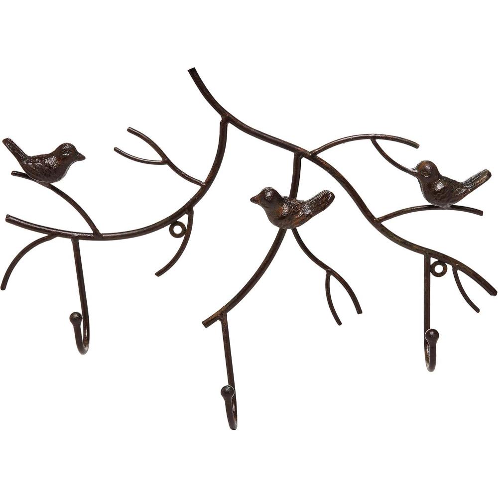 imageMyGift Wall Mounted Rustic Bronze Metal Branch ampamp Bird Design Coat Hanger  3Hook Storage Rack