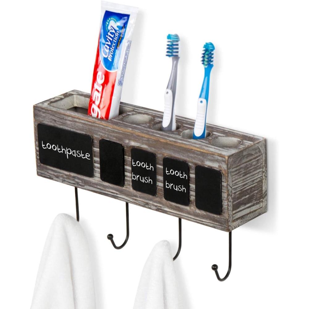 imageMyGift Wall Mounted Solid Torched Wood Bathroom Accessory Holder and Towel Hook Rack Toothbrush Holder Shelf Rack with 4 Compartments Chalkboard Labels and 4 HooksTorched Wood