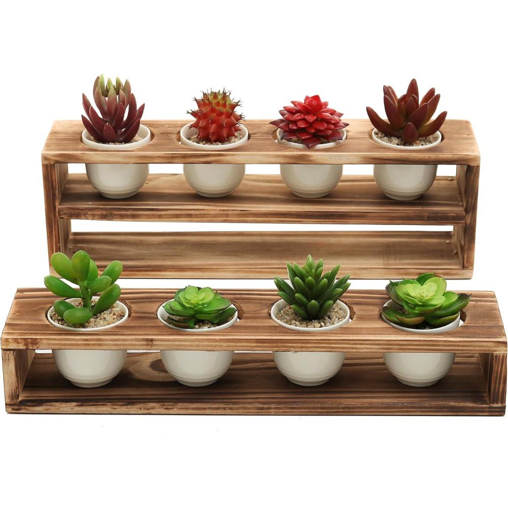 imageMyGift White Ceramic Mini Plant Pot with Rustic Burnt Wood Tiered Stand Succulent Garden Pots with Tray Set for Office Desk Home Decor 10 Piece Set 8 Planters and 2 Stands