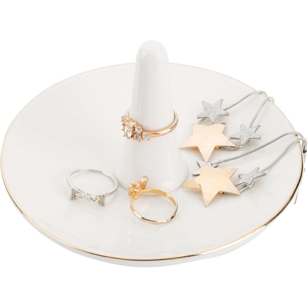 imageMyGift White Ceramic Ring Dish Holder Jewelry Engagement Ring Holder Trinket Tray with Gold TrimWhite Ceramic