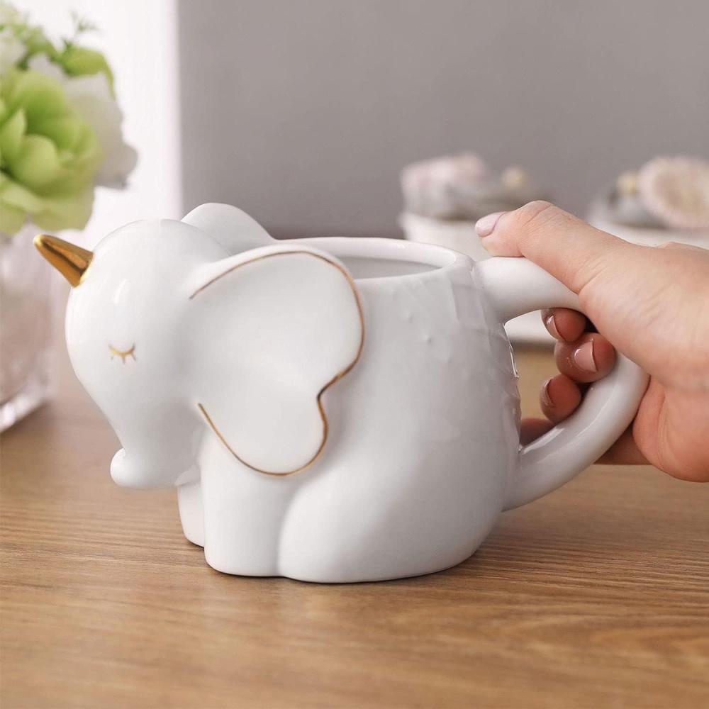 imageMyGift White Ceramic Unicorn Elephant Coffee Mug Cute White Elephant Gift 3D Animal Design Drinking Cup with Brass Tone Accents and Handle 175 oz Mug