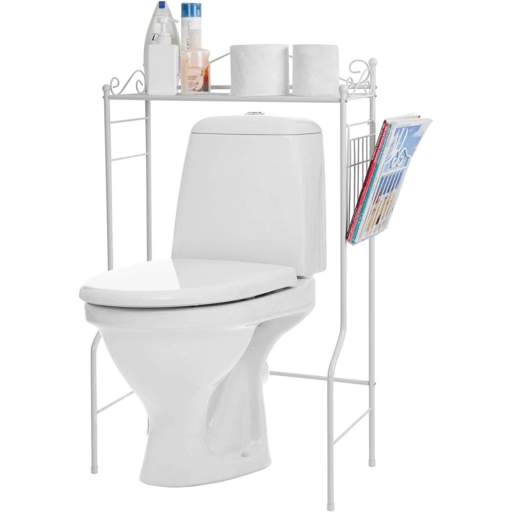 imageMyGift White Metal Over The Toilet Standing Shelf with Vintage Scrollwork Accents and Magazine Basket Freestanding Bathroom Space Saver Organizer RackWhite
