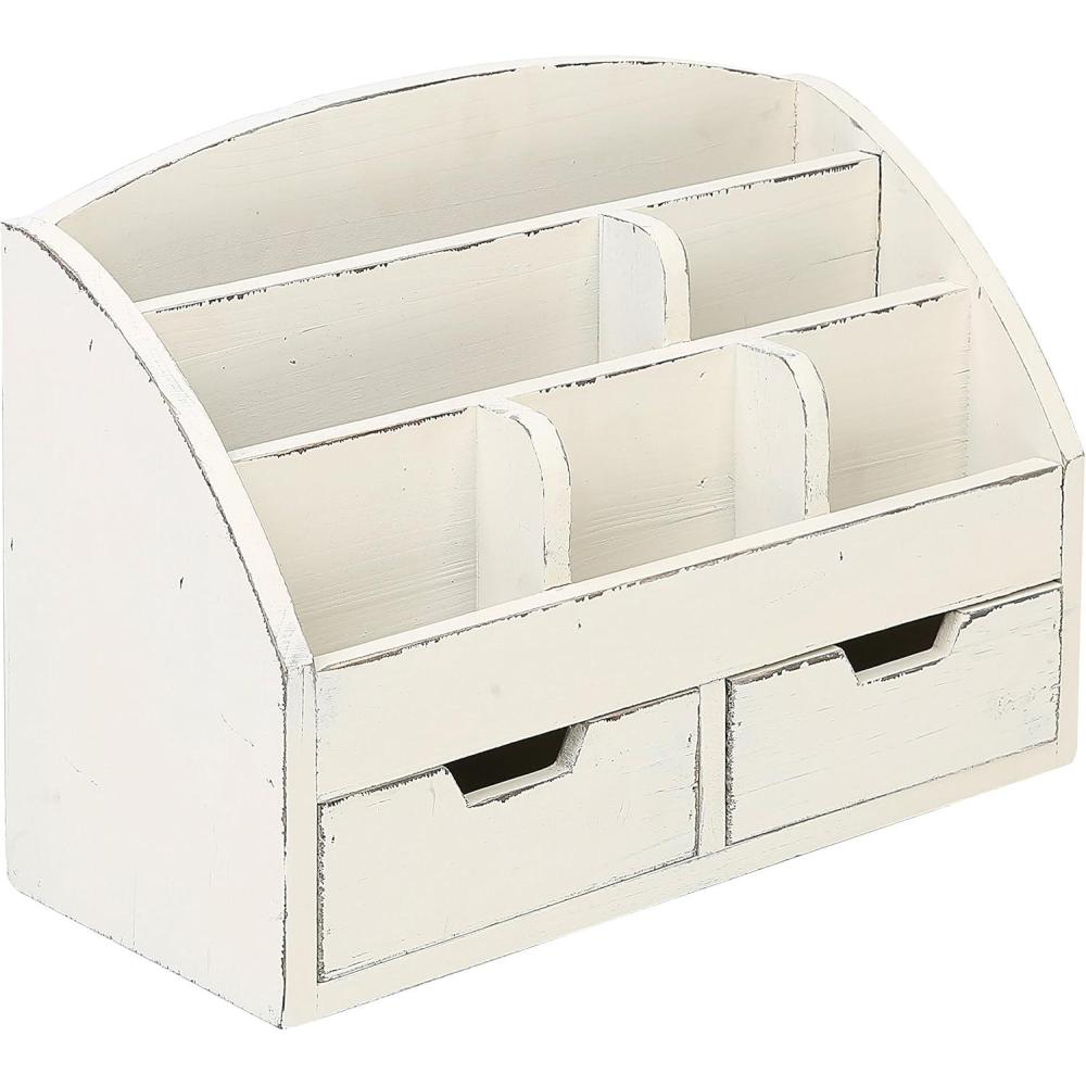 imageMyGift White Wood Desktop Organizer Includes 6 Compartments and 2 Pullout Drawers to Organize Office Supplies and Accessories