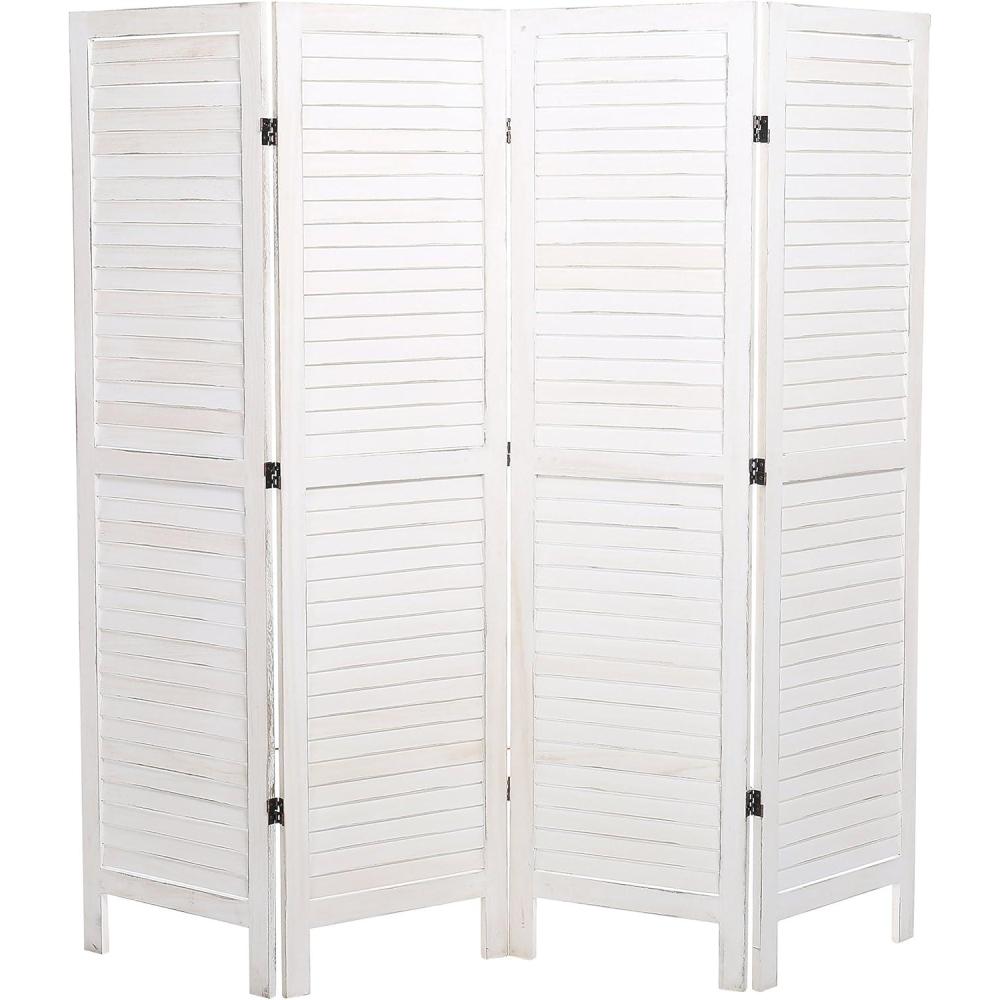 imageMyGift Whitewashed Wood 4 Panel Room Divider Wall Partition Screen Folding Louvered DesignWhitewashed