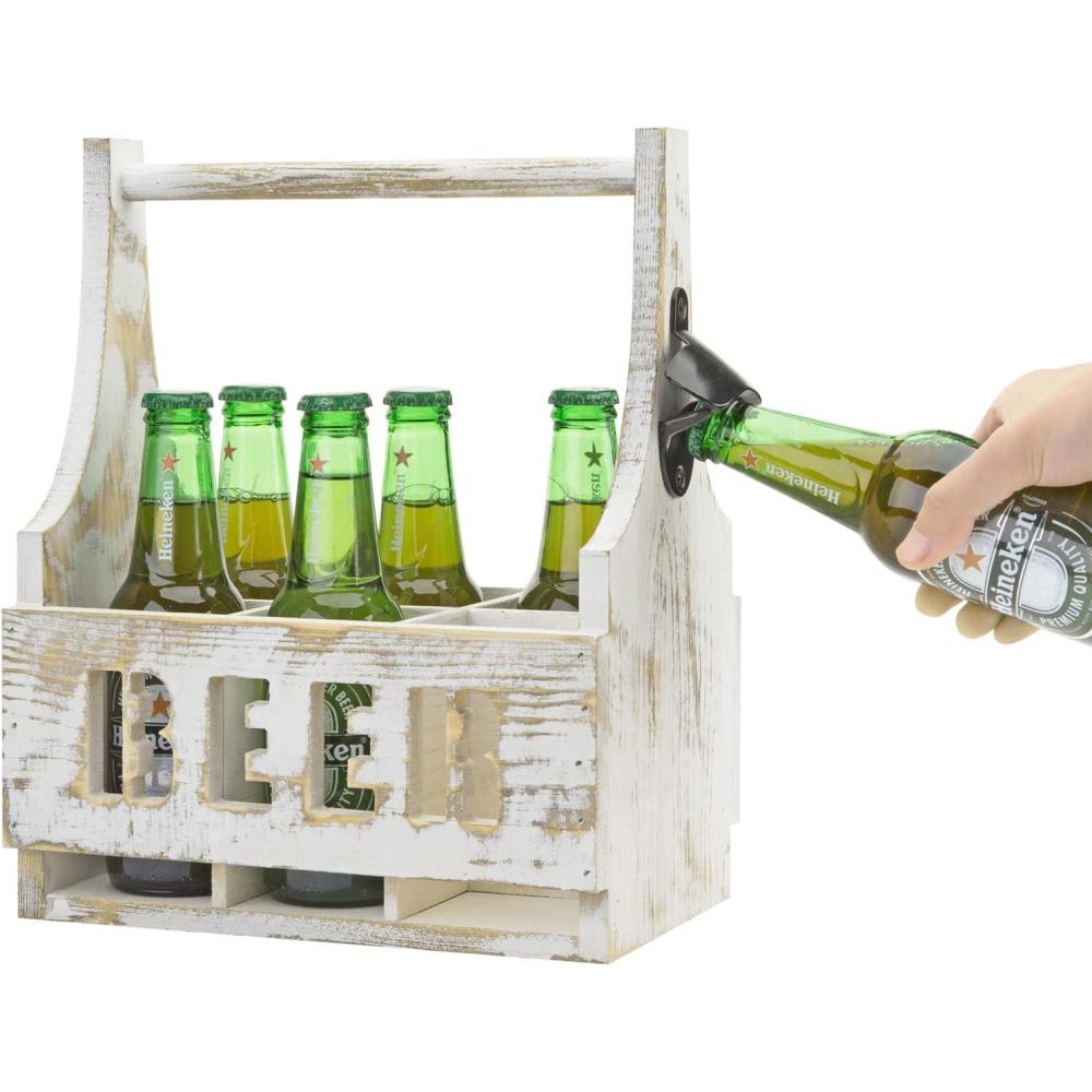 imageMyGift Whitewashed Wood Beer Caddy with Bottle Opener Six Pack Beverage Holder with BEER in Cutout Style Lettering and Carrying Handle