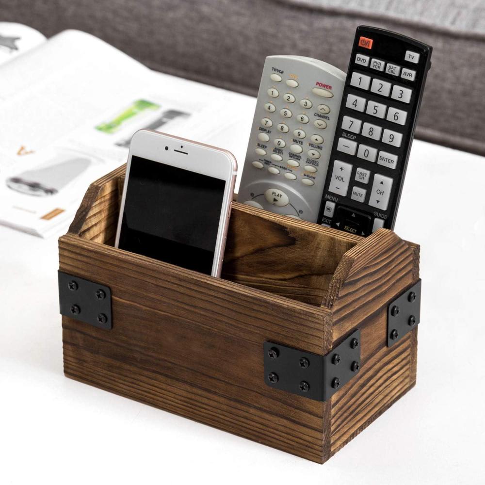 imageMyGift Whitewashed Wood Remote Control Holder Organizer with 4 Compartments Media Storage Caddy with Cursive REMOTES DesignBurnt Wood