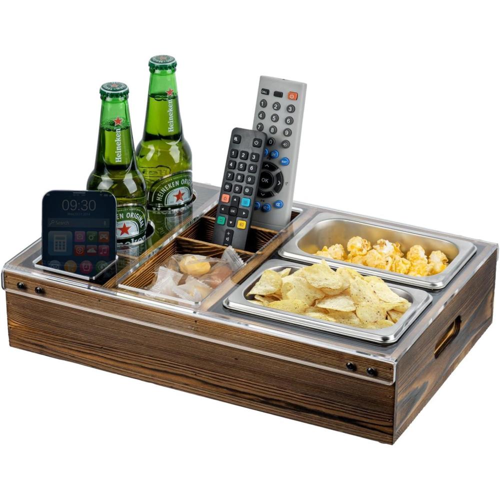 imageMyGift Whitewashed Wood Remote Control Holder Organizer with 4 Compartments Media Storage Caddy with Cursive REMOTES DesignClear Acrylic