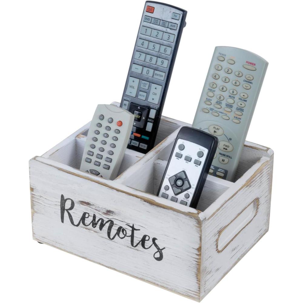 imageMyGift Whitewashed Wood Remote Control Holder Organizer with 4 Compartments Media Storage Caddy with Cursive REMOTES DesignWhitewashed
