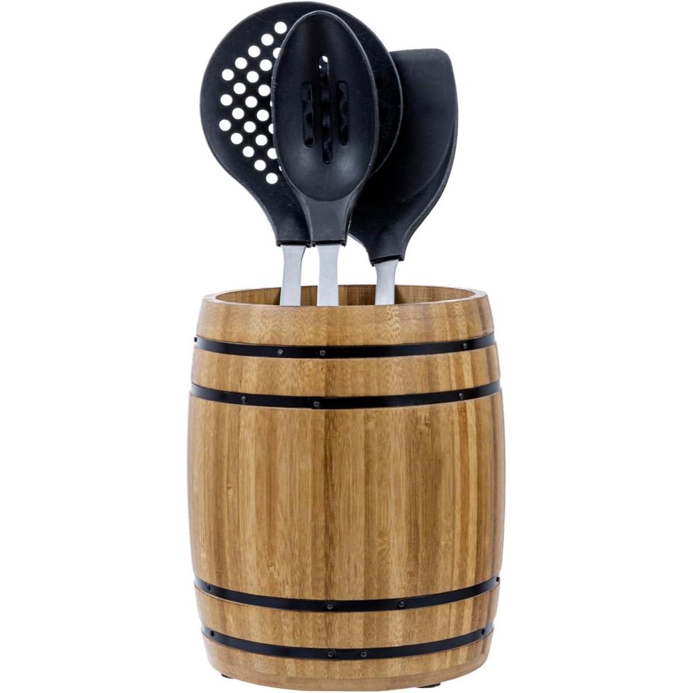 imageMyGift Wine Barrel Design Kitchen Utensil Crock Vintage Rustic Burnt Wood Cooking Tool HolderLight Brown