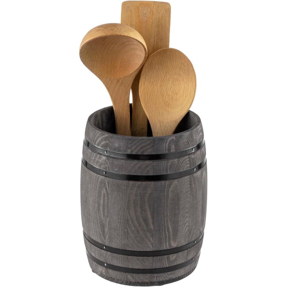 imageMyGift Wine Barrel Design Kitchen Utensil Crock Vintage Rustic Burnt Wood Cooking Tool HolderVintage Gary