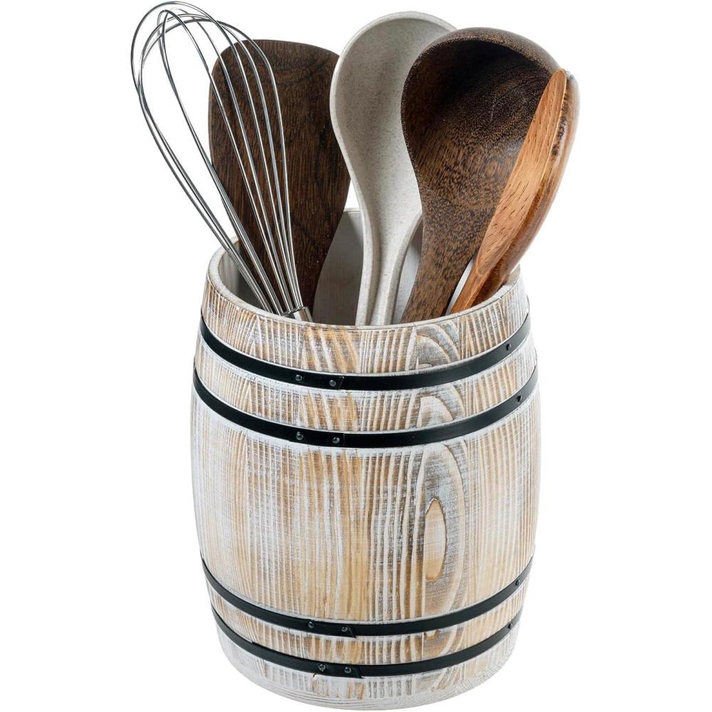 imageMyGift Wine Barrel Design Kitchen Utensil Crock Vintage Rustic Burnt Wood Cooking Tool HolderVintage White