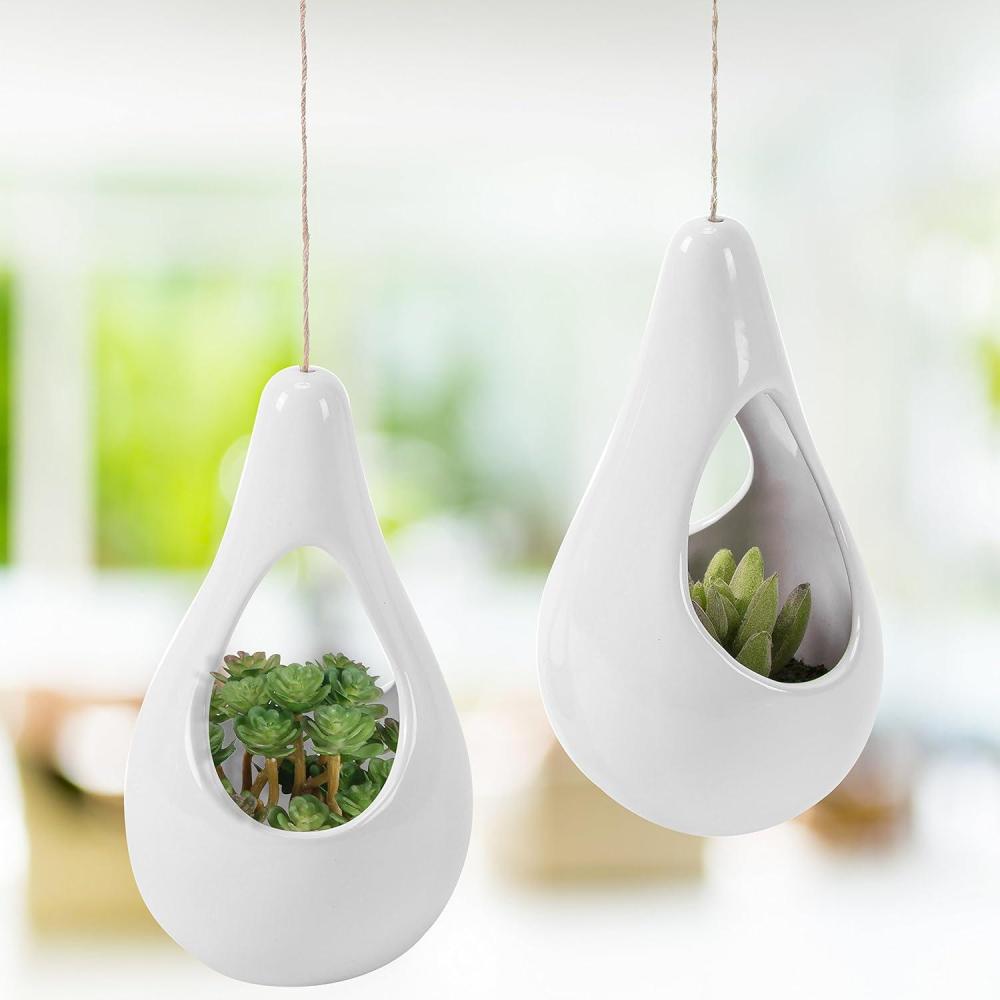 imageSet of 2 White Ceramic Hanging Teardrop Shaped Planters for Succulent Air Plants with Twine Rope