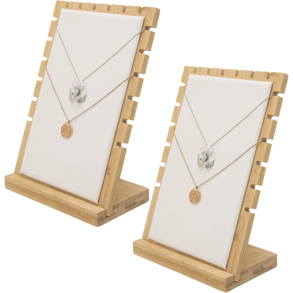 imagenecklace display standMyGift 2Pack Bamboo Jewelry Display Stands with PU Panel ampamp MultiRung Design Detachable Bases NonScratch Surface jewelry display for vendorsWhite