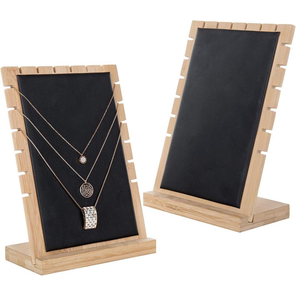 imagenecklace display standMyGift 2Pack Bamboo Jewelry Display Stands with PU Panel ampamp MultiRung Design Detachable Bases NonScratch Surface jewelry display for vendorsBlack