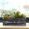 MyGift 10 Inch Artificial Succulent Small Fake Plant Arrangement in Rustic Brown Planter Box with Decorative Bloom & Grow Cursive Writing