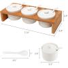 MyGift 10 Piece Condiment Pot Serving Set Includes Premium Solid Bamboo Wood Raised Display Server Tray and 3 Ceramic Ramekin Dip Bowls with Lids and Spoons(Bamboo)