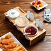 MyGift 10 Piece Condiment Pot Serving Set Includes Premium Solid Bamboo Wood Raised Display Server Tray and 3 Ceramic Ramekin Dip Bowls with Lids and Spoons(Bamboo)