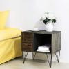 MyGift 19 Inch Short End Table, Vintage Weathered Gray Solid Wood Bedroom Nightstand with Black Metal Legs, 2 Drawers and Open Cabinet, Side Table for Small Spaces