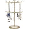 MyGift 2 Tier Black Metal Rotating Necklace and Bracelet Organizer Jewelry Stand with 24 Hooks, Multipurpose Accessory and Keychain Spinning Display Rack with Top Handle Card Holder(Brass)