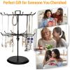 MyGift 2 Tier Black Metal Rotating Necklace and Bracelet Organizer Jewelry Stand with 24 Hooks, Multipurpose Accessory and Keychain Spinning Display Rack with Top Handle Card Holder(Black)