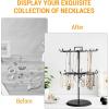 MyGift 2 Tier Black Metal Rotating Necklace and Bracelet Organizer Jewelry Stand with 24 Hooks, Multipurpose Accessory and Keychain Spinning Display Rack with Top Handle Card Holder(Black)