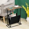 MyGift 21-Inch Modern Narrow Living Room End Table with Solid Burnt Wood Tabletop and Black Metal Frame, Bedroom Nightstand Side Table with Magazine Holder Sling(Torched Wood)