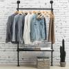 MyGift 38 Inch Industrial Black Metal Pipe Wall Mounted Clothing Freestanding Garment Rack, Retail Merchandise Display with Rustic Burnt Wood Storage Shelf
