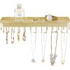 MyGift 3-Piece Wall Jewelry Organizer, Wall-Mounted Rustic Wood and Gold Tone Metal 24 Hook Necklace and Bracelet Storage Rack with Hanging Earring Bar(Satin Gold)