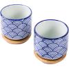 MyGift 3-inch Ceramic Small Indoor Plant Pot with Drainage and Bamboo Saucer, Succulent Planter Pots with White and Blue Japanese Wave Design, Set of 2