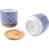 MyGift 3-inch Ceramic Small Indoor Plant Pot with Drainage and Bamboo Saucer, Succulent Planter Pots with White and Blue Japanese Wave Design, Set of 2