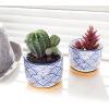 MyGift 3-inch Ceramic Small Indoor Plant Pot with Drainage and Bamboo Saucer, Succulent Planter Pots with White and Blue Japanese Wave Design, Set of 2