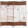 MyGift 4-Panel Asian Cherry Blossom Oil Cloth Painting Woven Privacy Screen Room Divider with Wood Frame