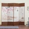 MyGift 4-Panel Asian Cherry Blossom Oil Cloth Painting Woven Privacy Screen Room Divider with Wood Frame