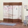 MyGift 4-Panel Asian Cherry Blossom Oil Cloth Painting Woven Privacy Screen Room Divider with Wood Frame