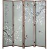 MyGift 4-Panel Asian-Inspired Folding Room Divider with Cherry Blossom Tree & Bird Design Poetry Calligraphy and Brown Wooden Frame 78”W x 70.5”H(6FT)