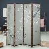 MyGift 4-Panel Asian-Inspired Folding Room Divider with Cherry Blossom Tree & Bird Design Poetry Calligraphy and Brown Wooden Frame 78”W x 70.5”H(6FT)
