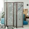 MyGift 4-Panel Asian-Inspired Folding Room Divider with Cherry Blossom Tree & Bird Design Poetry Calligraphy and Brown Wooden Frame 78”W x 70.5”H(6FT)