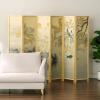 MyGift 6 Panel Large Bamboo Room Divider with Dual Sided Asian Birds Gingko Biloba Tree Sunset Design Print, 6FT Freestanding Artwork Privacy Partition Folding Screen with Beige Solid Wood Frame