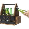 MyGift 6 Slot Rustic Burnt Wood Beer Caddy with Bottle Opener and Cap Catcher and Industrial Black Metal BEER Cutout Design