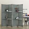 MyGift 6-Foot Gray Bamboo Woven 4-Panel Room Divider with 2 Shelves