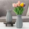 MyGift 7-inch Vintage Matte Gray Tulip Design Ribbed Ceramic Flower Vases, Set of 2