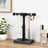 MyGift Adjustable 2-Tier Industrial Jewelry Display Stand – Rustic Metal Pipe & Brown Wood Base for Necklaces, Bracelets, Watches – Home & Boutique Decor (11.75″ H)(Black / Gray)