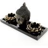 MyGift Black Buddha Head Sculpture Zen Garden Set with Lotus Tealight Candle Holders and Wooden Display Tray, Decorative Tabletop Home Accent(Black)