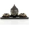 MyGift Black Buddha Head Sculpture Zen Garden Set with Lotus Tealight Candle Holders and Wooden Display Tray, Decorative Tabletop Home Accent(Black)