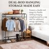 MyGift Black Stainless Steel Freestanding Garment Rack, Heavy Duty Double Rod Clothes Rack Clothing Hanger Stand with Storage Display Shelf(Burnt Solid Wood Shelf)