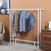MyGift Black Stainless Steel Freestanding Garment Rack, Heavy Duty Double Rod Clothes Rack Clothing Hanger Stand with Storage Display Shelf(White)