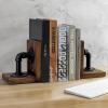 MyGift Book Ends,Bookends for Shelves,Metal Bookends for Heavy Books,Wood Decorative Book Stopper,with Realistic Industrial Pipe Design,Dark Brown Book End for Home Office(Rustic Brown)