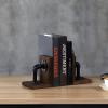 MyGift Book Ends,Bookends for Shelves,Metal Bookends for Heavy Books,Wood Decorative Book Stopper,with Realistic Industrial Pipe Design,Dark Brown Book End for Home Office(Dark Brown)