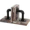 MyGift Book Ends,Bookends for Shelves,Metal Bookends for Heavy Books,Wood Decorative Book Stopper,with Realistic Industrial Pipe Design,Dark Brown Book End for Home Office(Torched Wood)