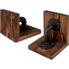 MyGift Book Ends,Bookends for Shelves,Metal Bookends for Heavy Books,Wood Decorative Book Stopper,with Realistic Industrial Pipe Design,Dark Brown Book End for Home Office(Rustic Brown)
